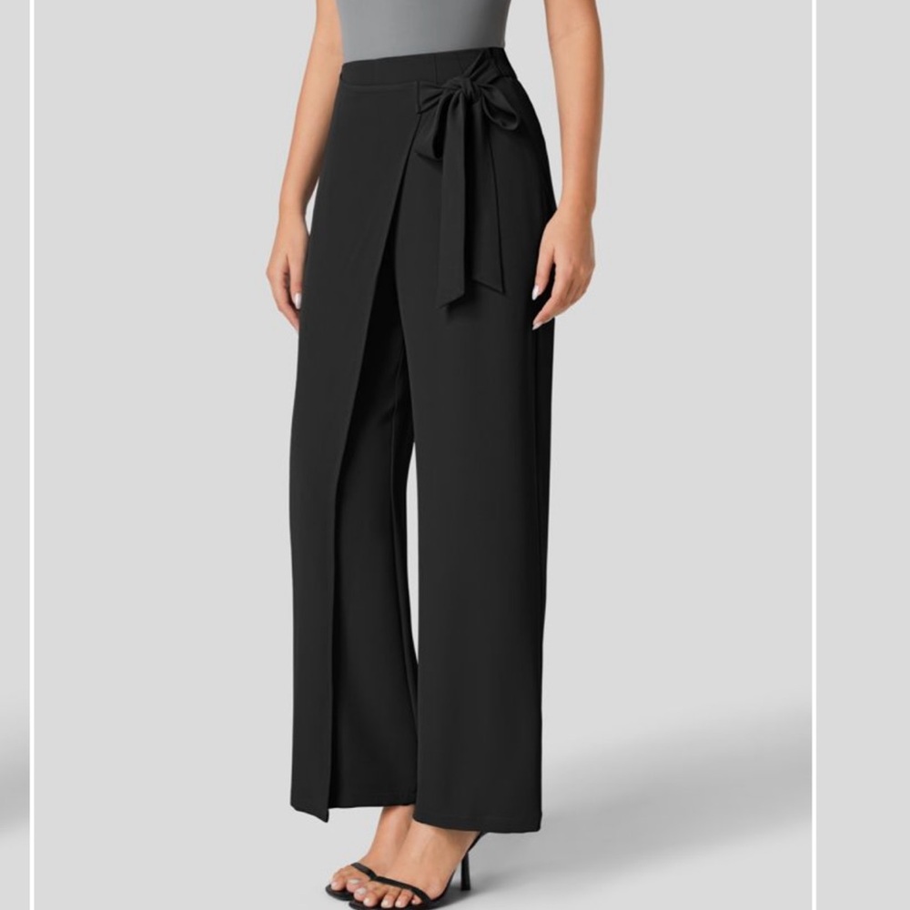 High Waisted Tie Side Invisible Zipper Wide Leg Work Pants